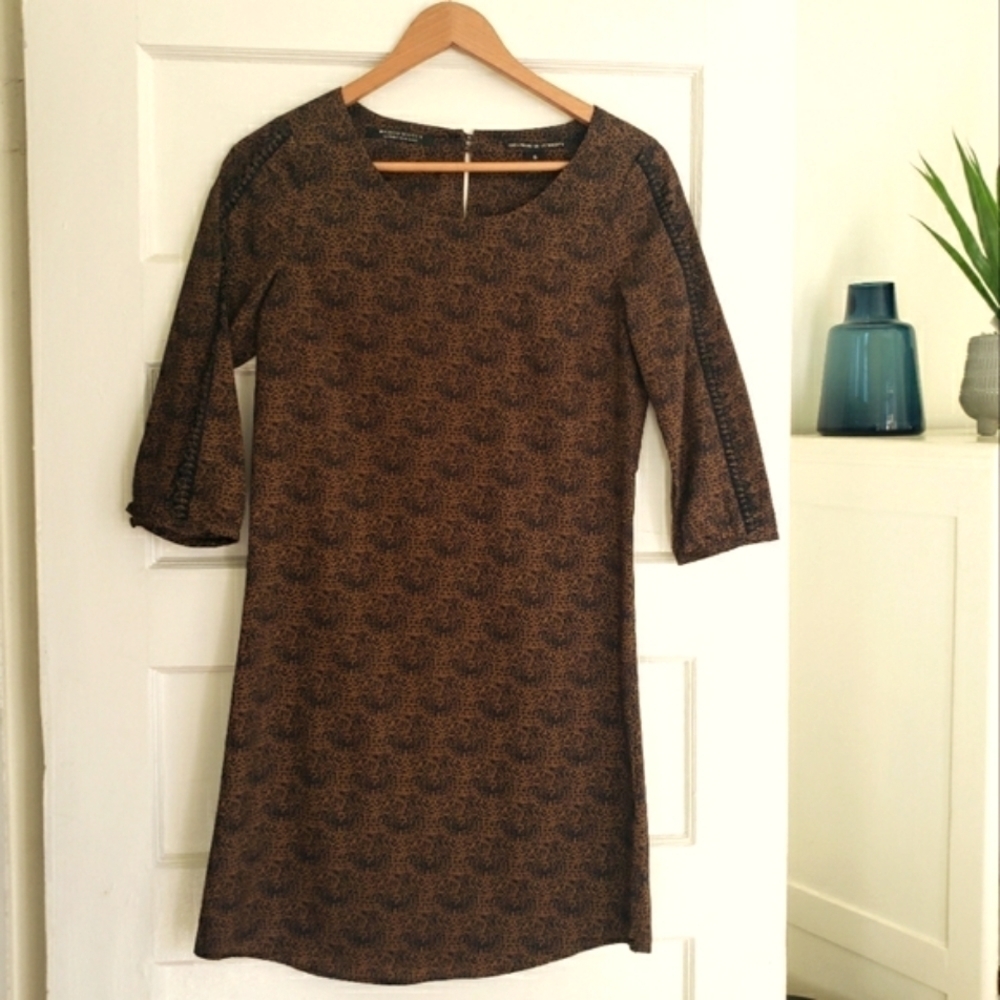 MAISON SCOTCH ANIMAL PRINT BROWN AND BLACK SHIFT MINI DRESS SIZE SMALL